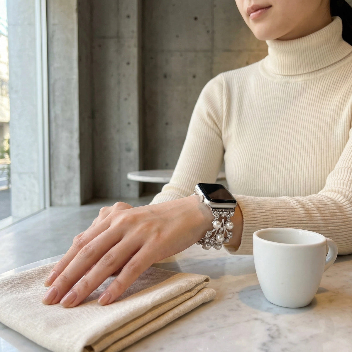 Correa Apple Watch con motivo de hojas, perlas y strass, elástica, modelo Terikale