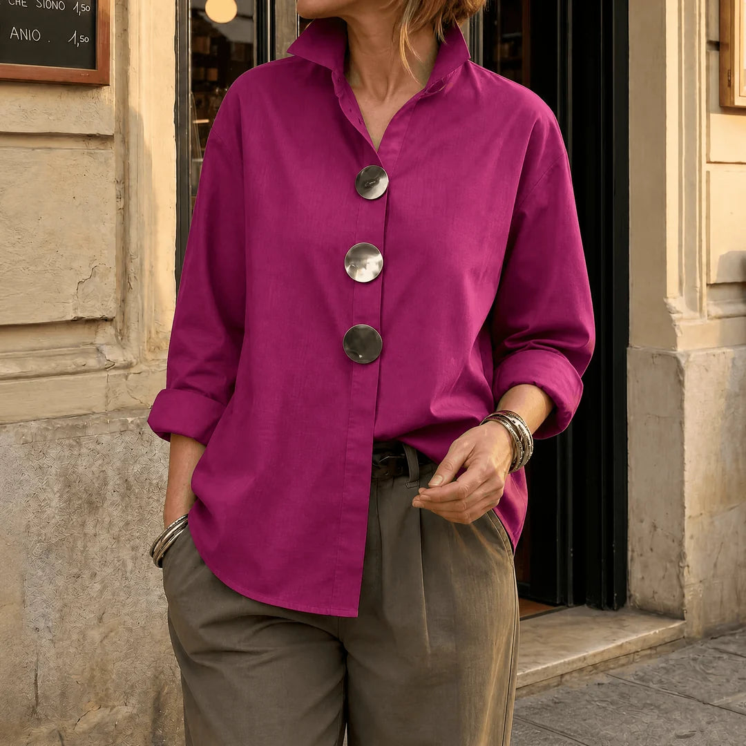 Blusa de algodón y lino con cuello mao y botones metálicos