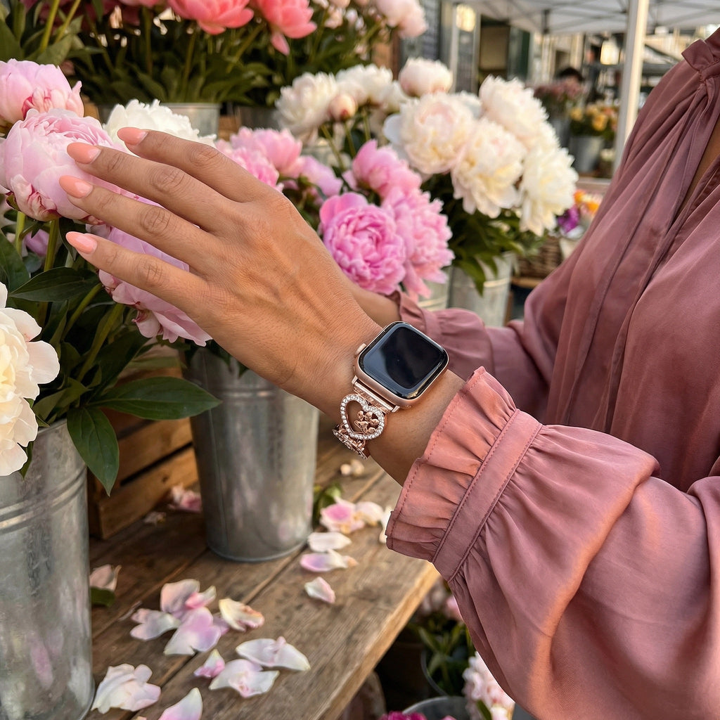 Correa Apple Watch para mujer, malla de aleación con motivo de corazón, joya con huella de pata, accesorio elegante para reloj inteligente, regalo ideal para amantes de los animales, modelo Patoune