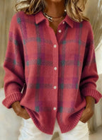 Cárdigan de Punto de Cuadros con Cuello Camisero
