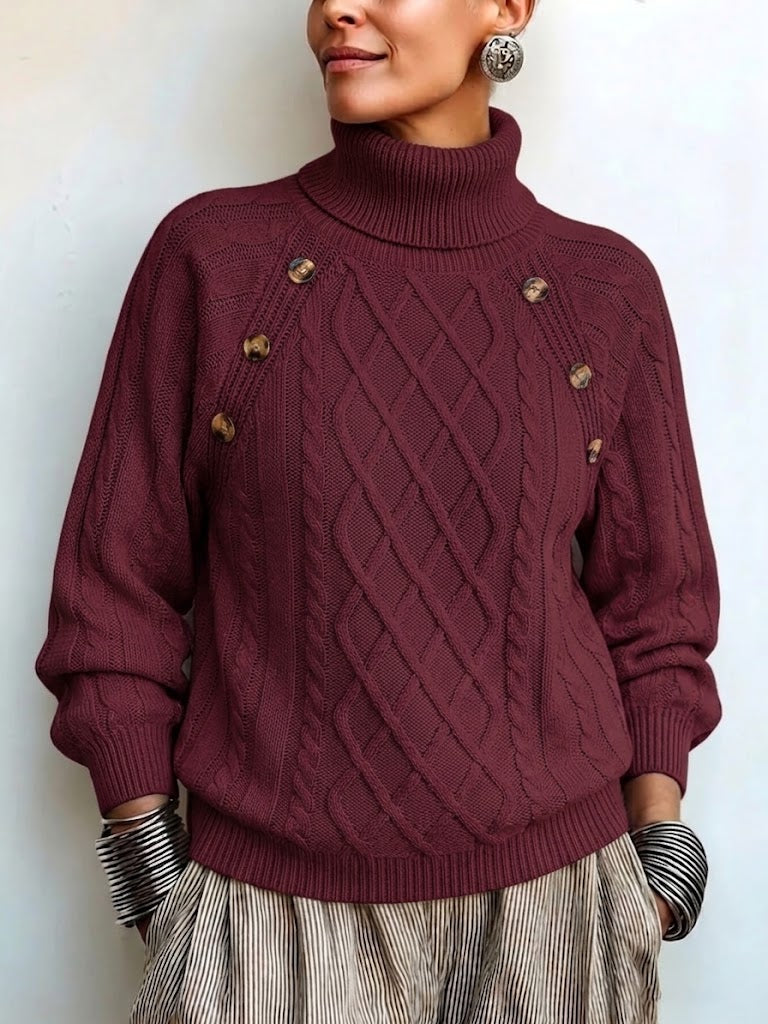 Jersey de Cuello Alto Trenzado con Botones Vintage