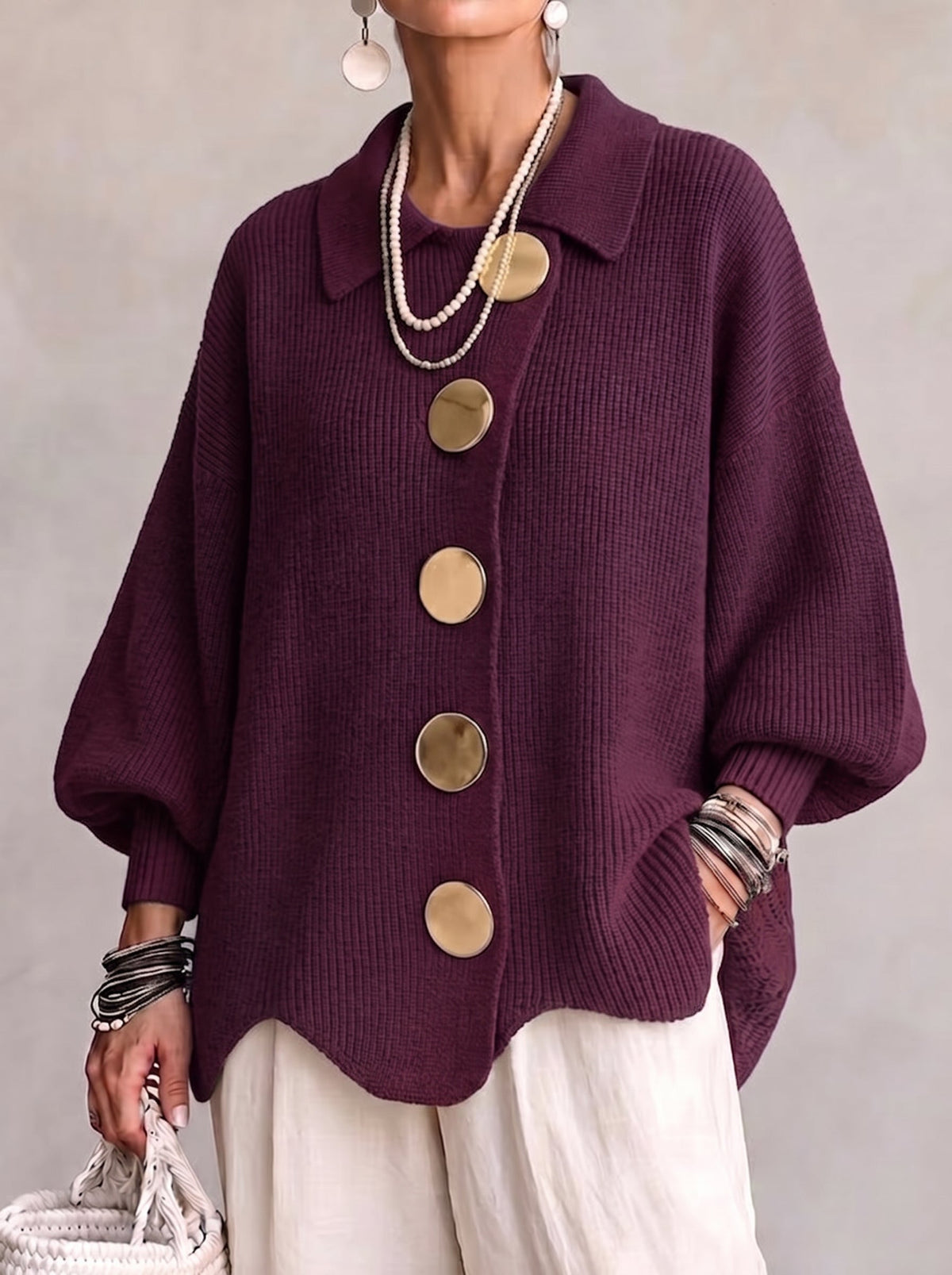 Cárdigan de Punto Oversize con Botones Metálicos