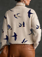 Jersey de Cuello Alto Acanalado con Estampado de Golondrinas