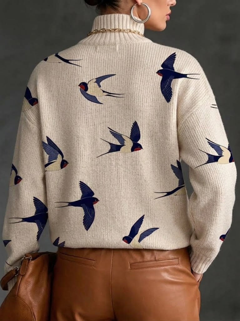 Jersey de Cuello Alto Acanalado con Estampado de Golondrinas
