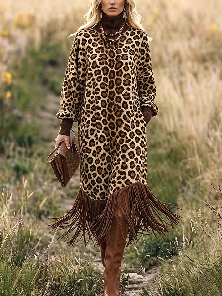Vestido midi de manga larga con estampado de leopardo y bajo con flecos