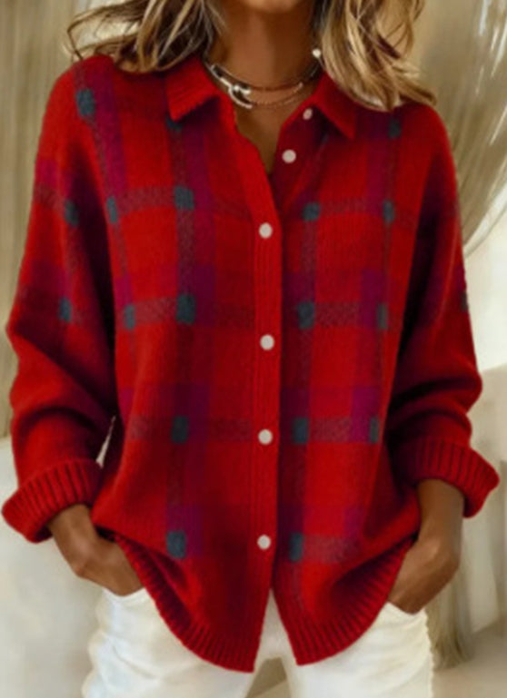 Cárdigan de Punto de Cuadros con Cuello Camisero