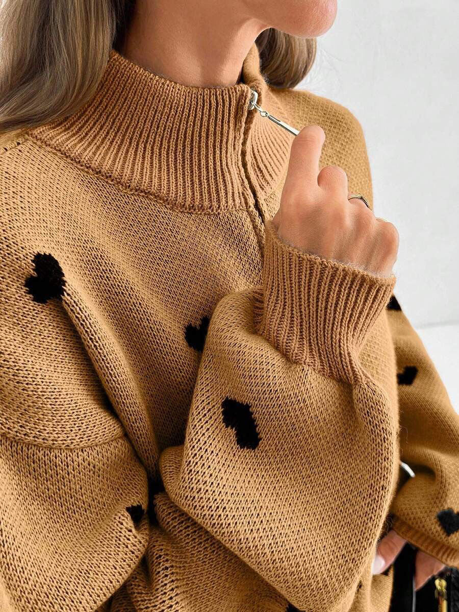Jersey de Punto con Media Cremallera y Corazones