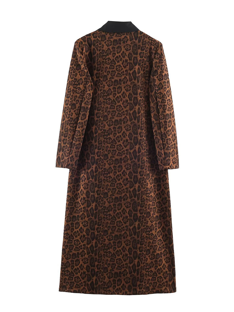 Long leopard coat with contrasting black lapel