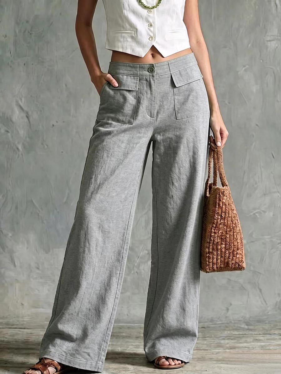 High-rise cotton and linen wide-leg trousers with flap pockets