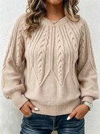 Jersey de Punto Trenzado Vertical con Cuello Redondo