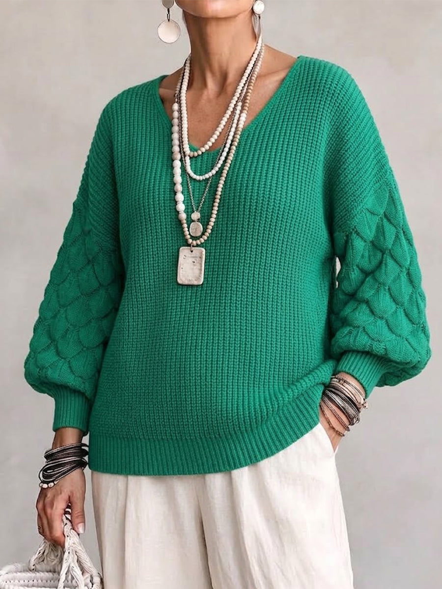 Jersey de Punto Trenzado con Cuello Pico y Mangas Abombadas