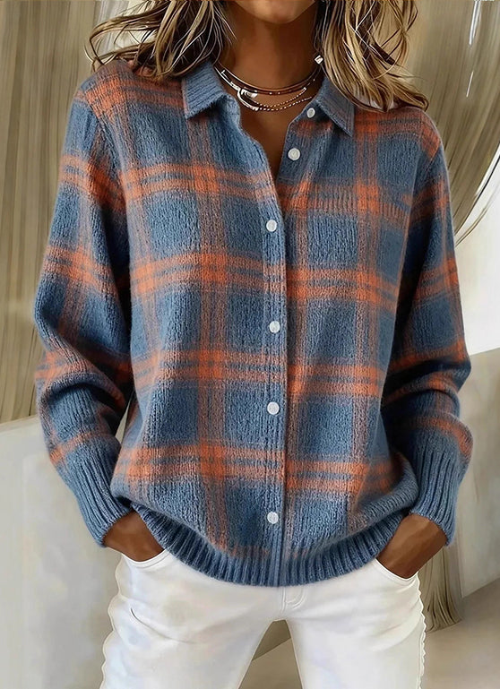Cárdigan de Punto de Cuadros con Cuello Camisero