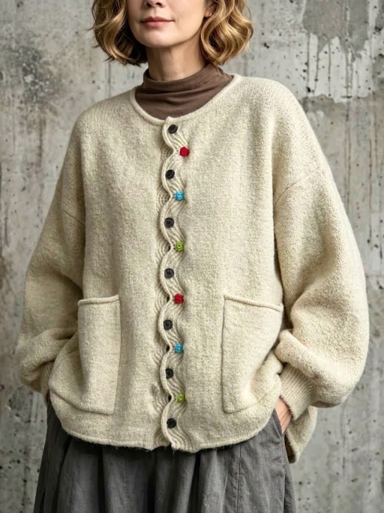 Cárdigan de Punto con Botones de Colores y Bolsillos Grandes