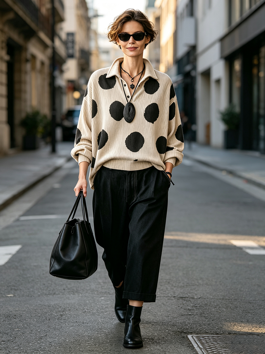 Top de Punto Oversize de Lunares con Cuello Solapa