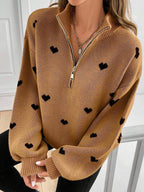 Jersey de Punto con Media Cremallera y Corazones
