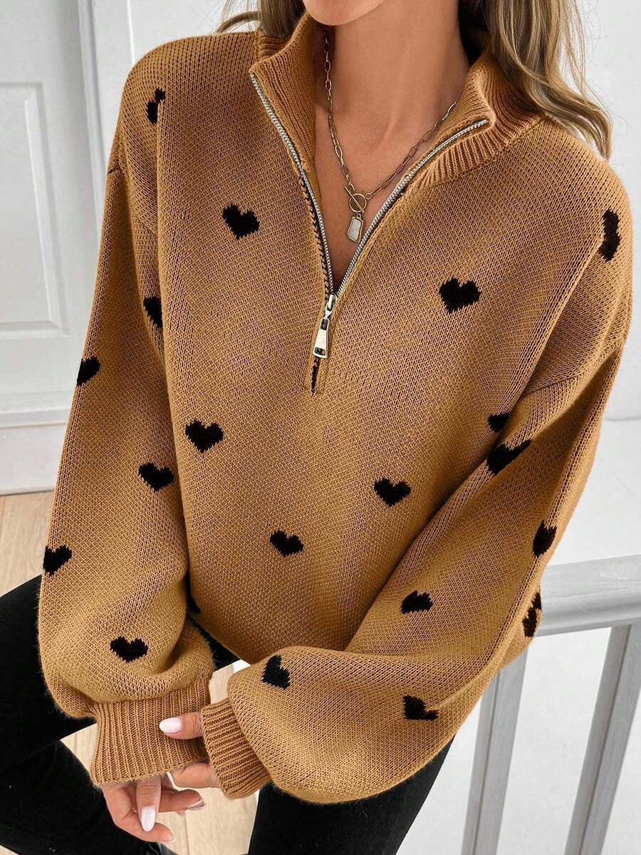 Jersey de Punto con Media Cremallera y Corazones