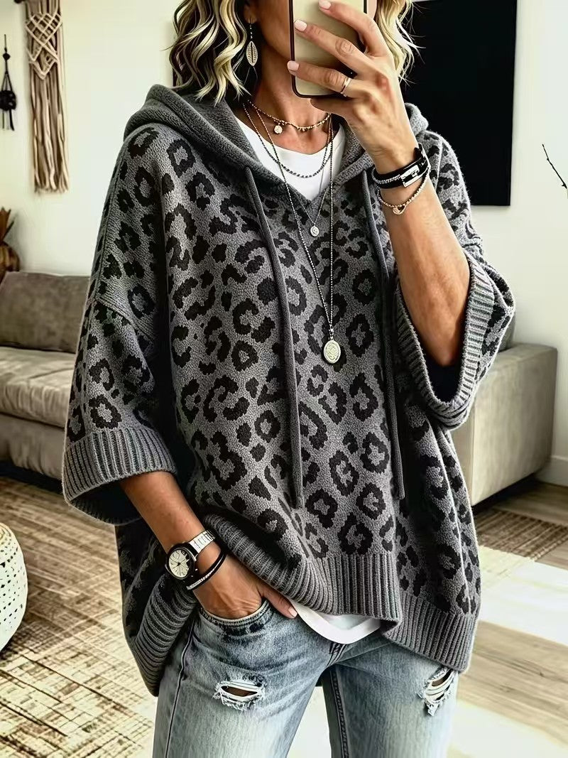 Sudadera de Punto con Capucha y Estampado Leopardo
