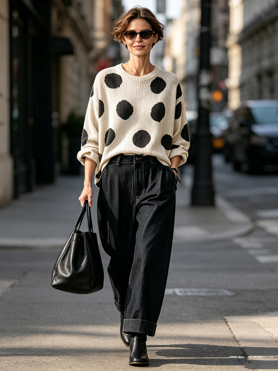 Jersey de Punto Acanalado Oversize de Lunares