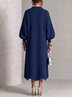 Vestido de Punto Azul Marino con Hebilla y Cuello Solapa