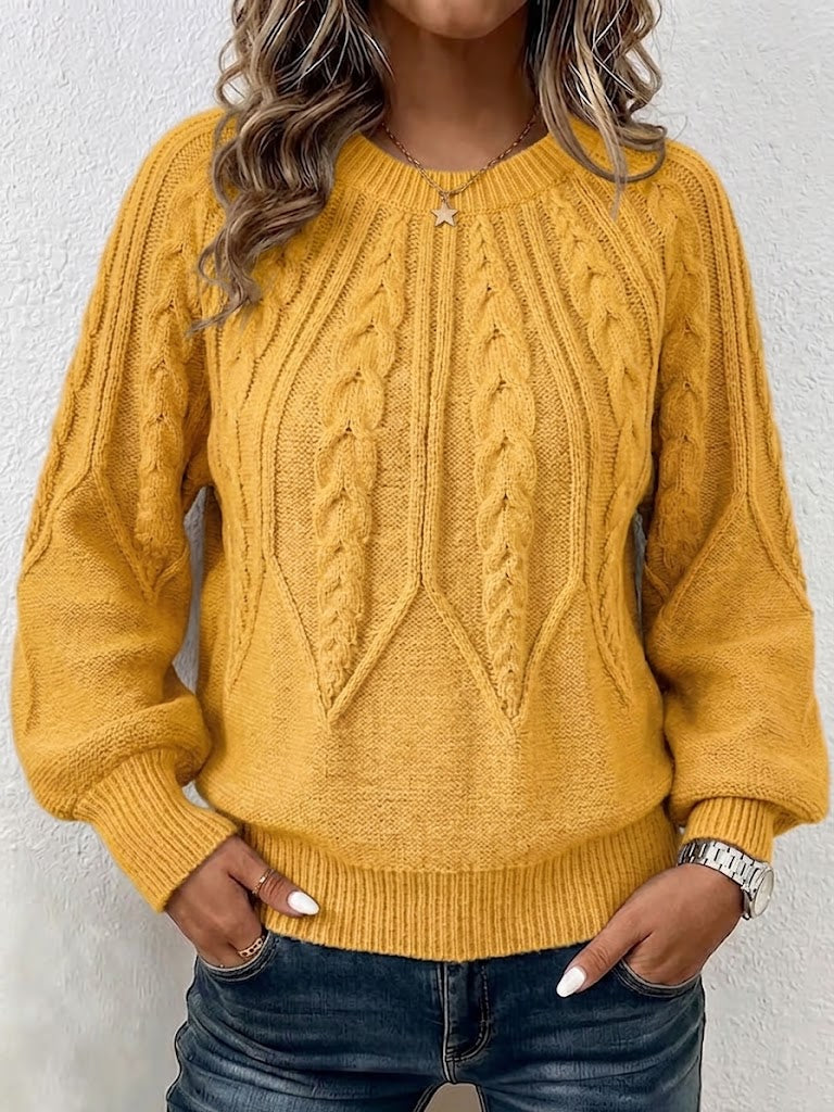 Jersey de Punto Trenzado Vertical con Cuello Redondo