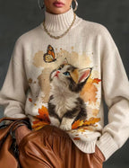 Jersey de Cuello Alto con Estampado de Gatitos y Mariposas