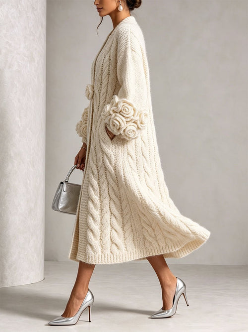 Cárdigan de Punto Trenzado Crema con Flores Bordadas - LOVRA DESIGN