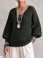 Jersey de Punto Trenzado con Cuello Pico y Mangas Abombadas