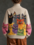 Jersey de Punto Cuello Alto con Estampado de Gatitos