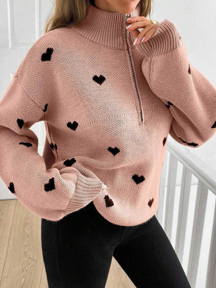Jersey de Punto con Media Cremallera y Corazones