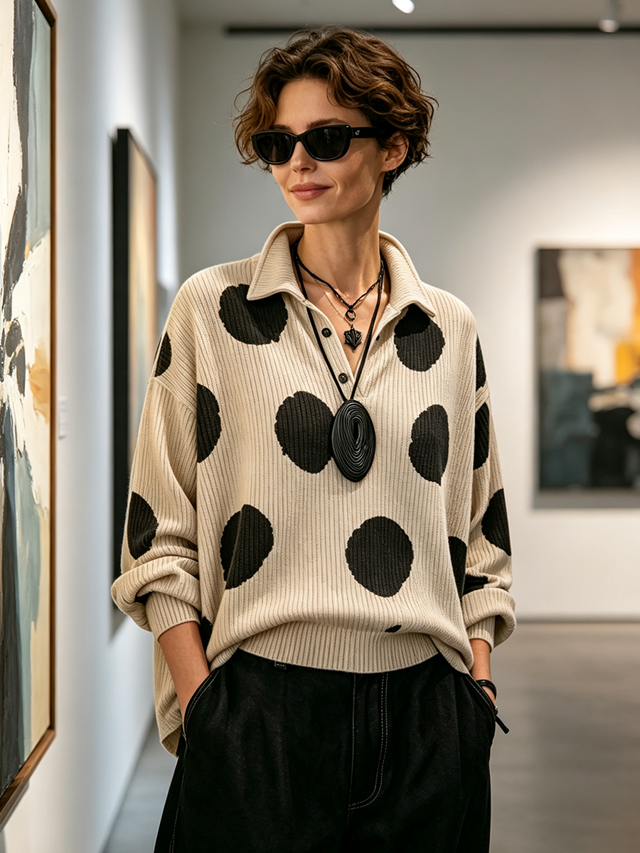 Top de Punto Oversize de Lunares con Cuello Solapa