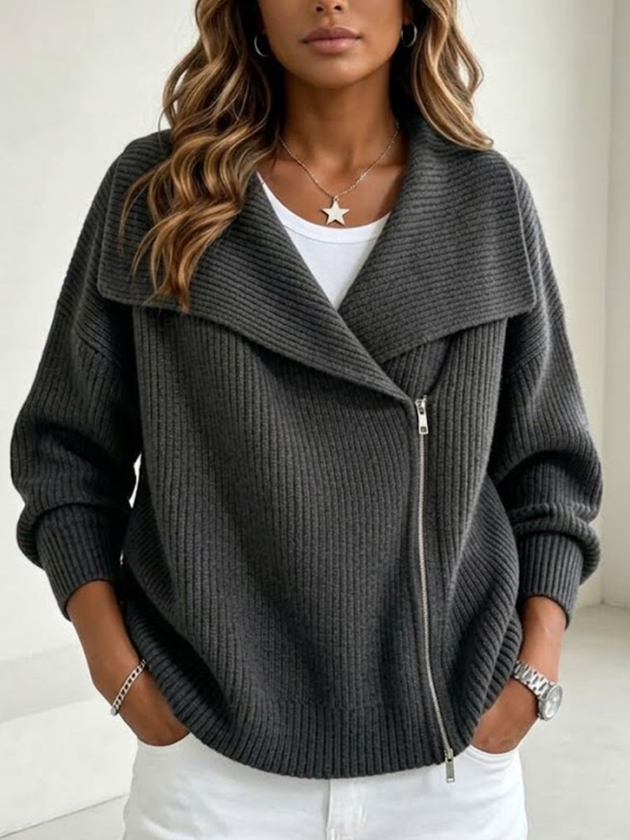 Chaqueta de Punto con Solapa y Doble Cremallera