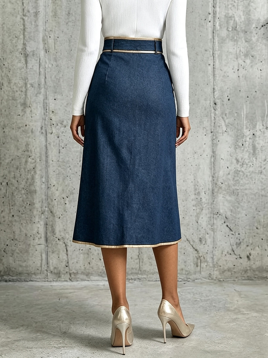 Denim wrap midi skirt with gold trim and buckle