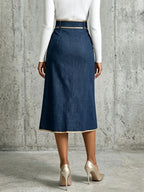 Denim wrap midi skirt with gold trim and buckle