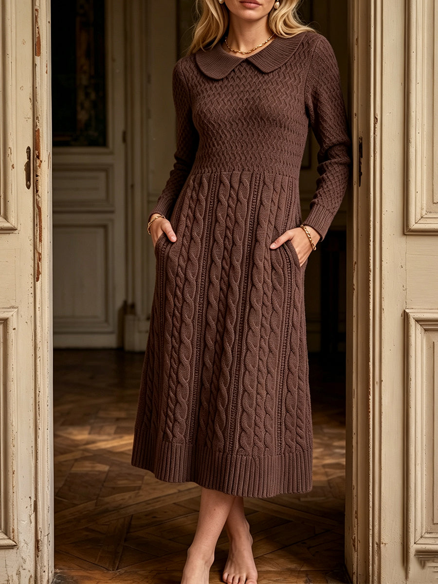 Vestido Midi Marrón de Punto Trenzado con Cuello Bebé