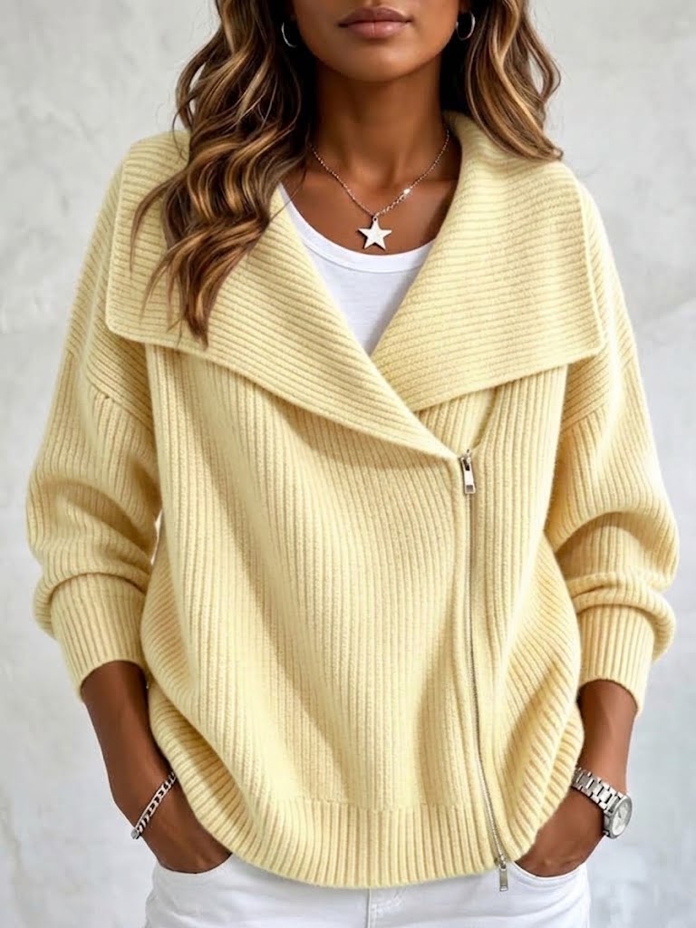 Chaqueta de Punto con Solapa y Doble Cremallera