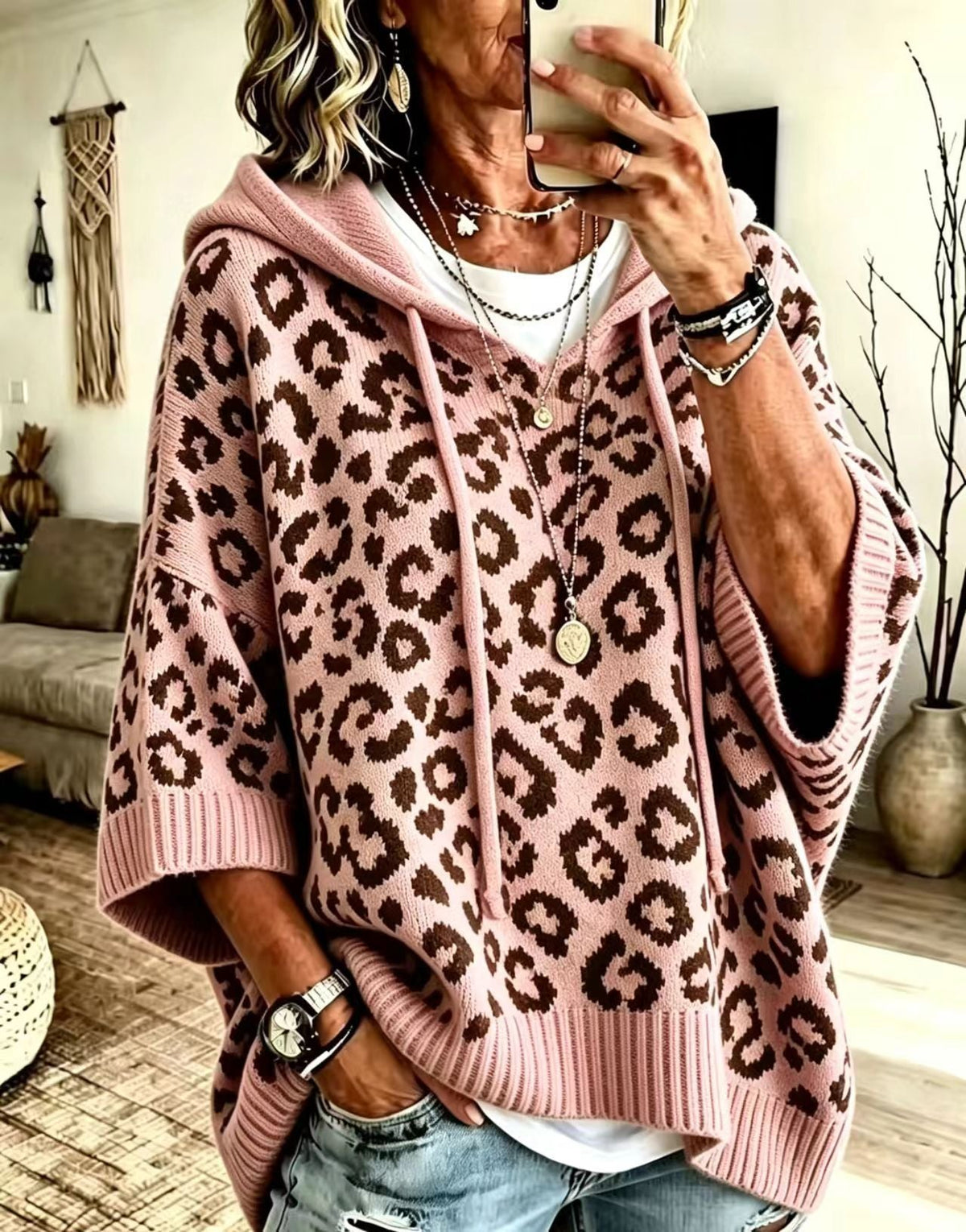 Sudadera de Punto con Capucha y Estampado Leopardo