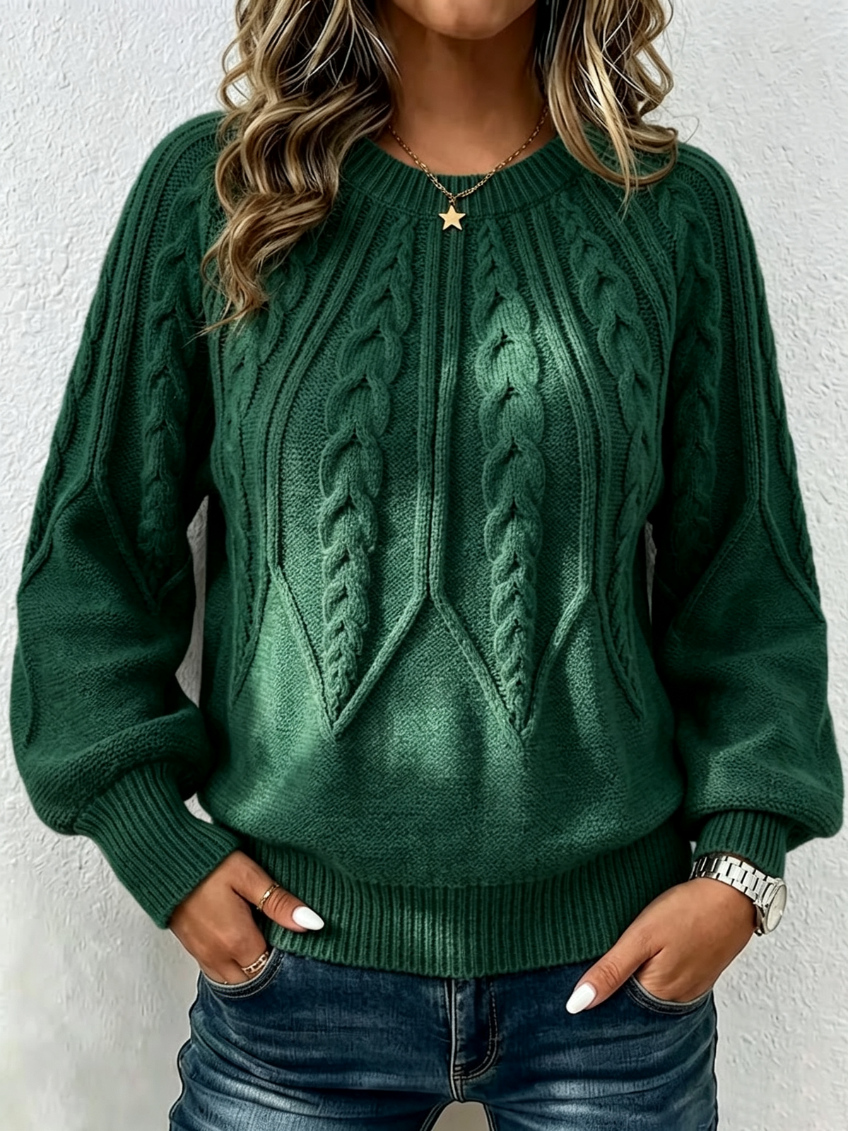 Jersey de Punto Trenzado Vertical con Cuello Redondo