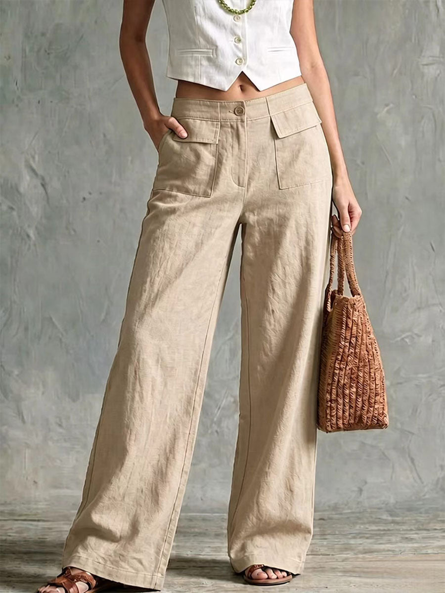 High-rise cotton and linen wide-leg trousers with flap pockets