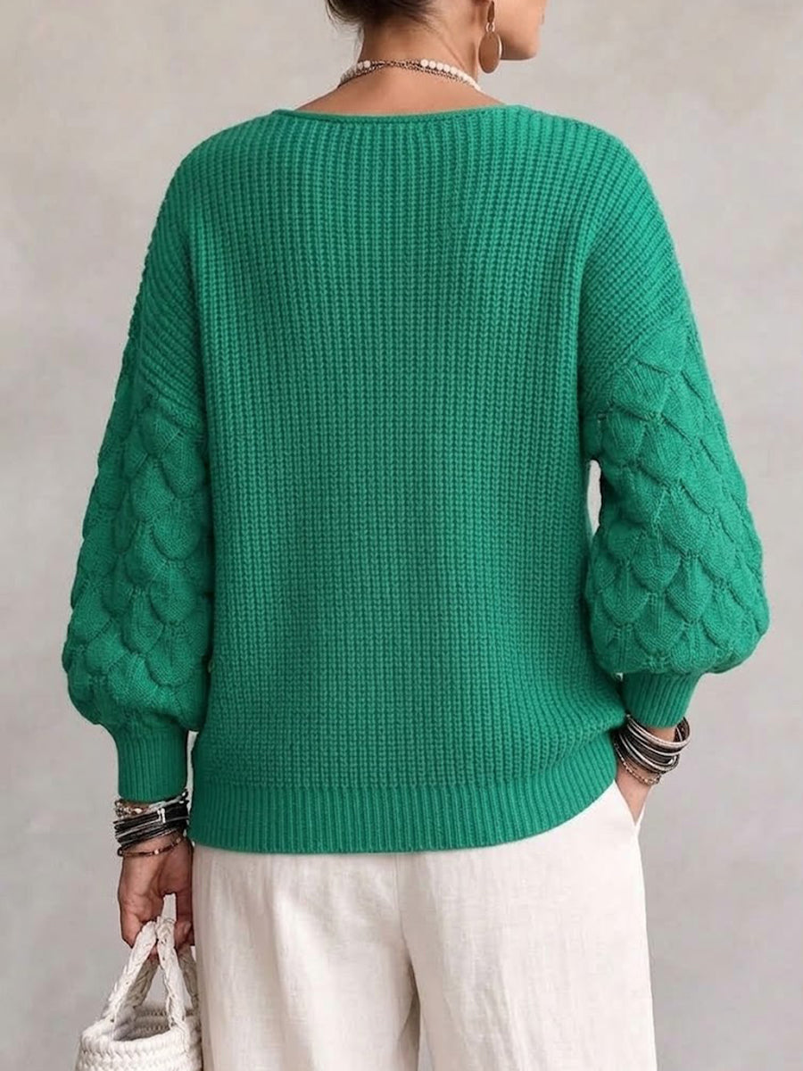 Jersey de Punto Trenzado con Cuello Pico y Mangas Abombadas