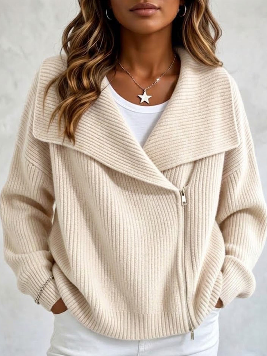 Chaqueta de Punto con Solapa y Doble Cremallera