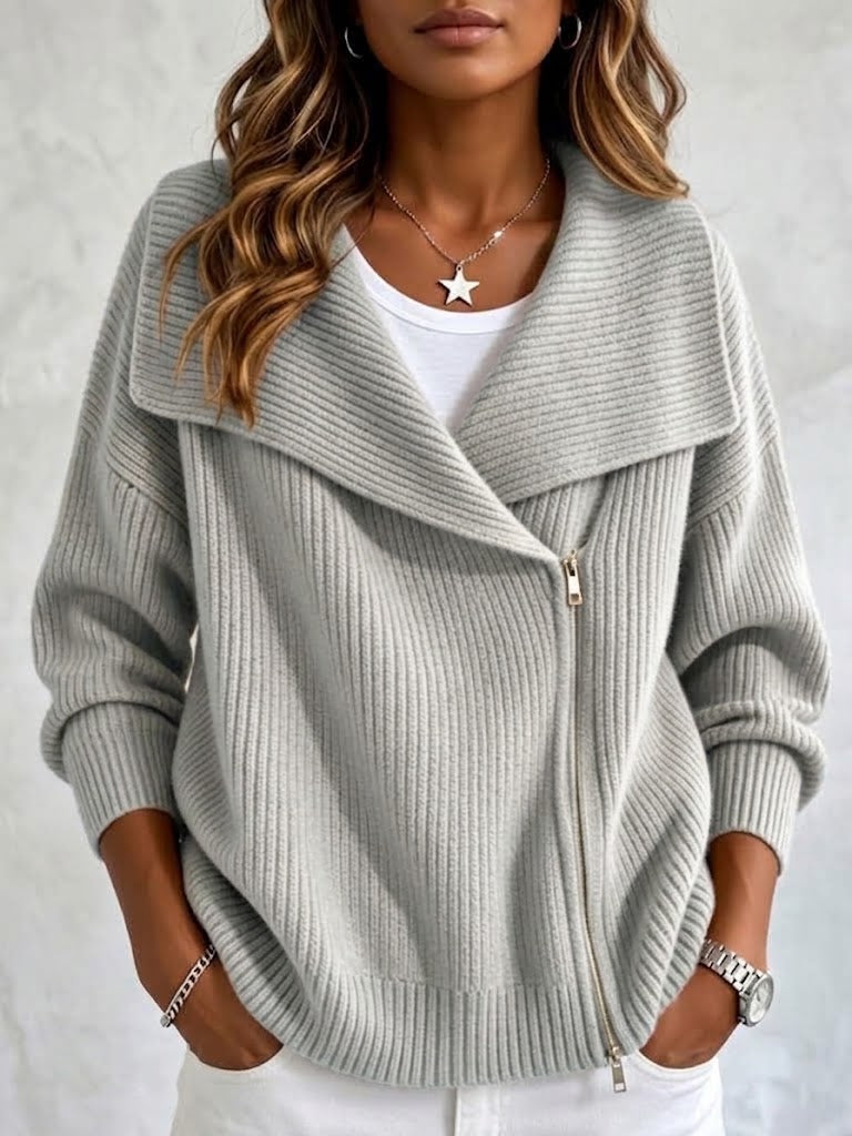 Chaqueta de Punto con Solapa y Doble Cremallera