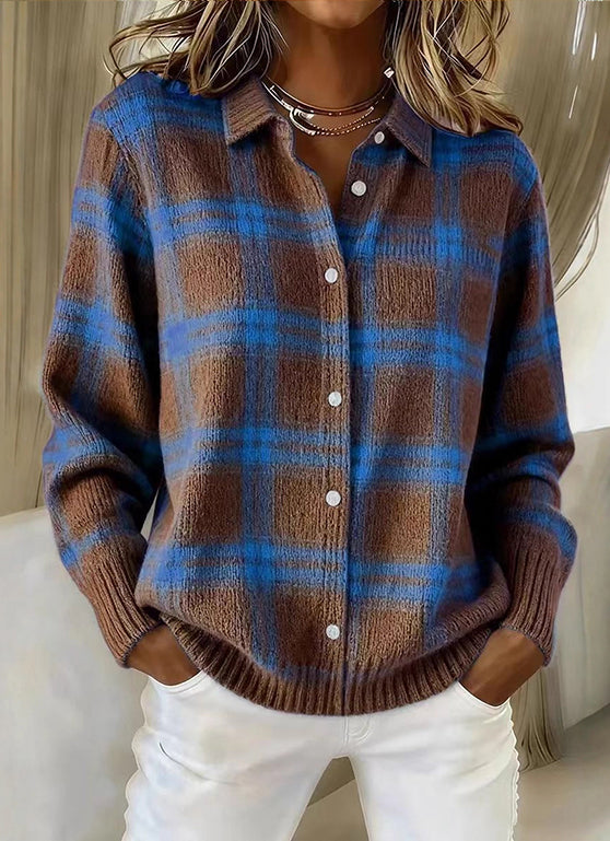 Cárdigan de Punto de Cuadros con Cuello Camisero