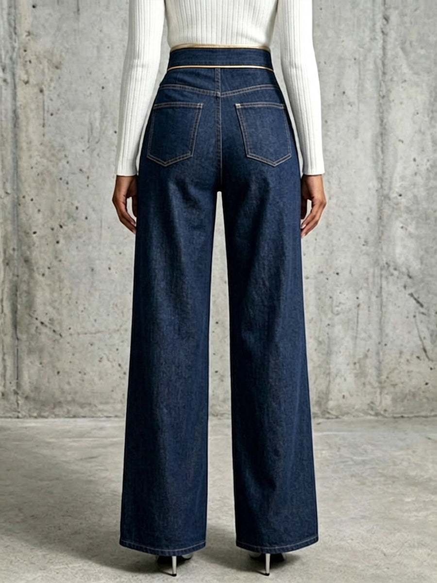 Vida jeans med hög midja, guldfärgad kant och slitsar