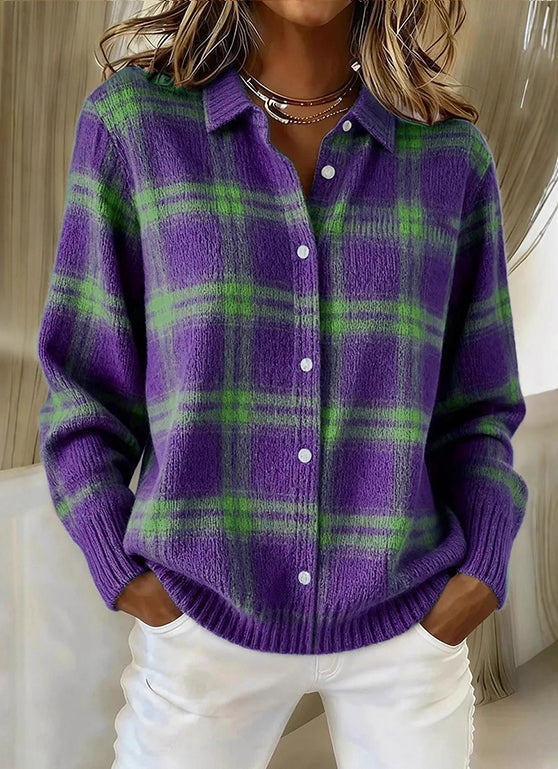 Cárdigan de Punto de Cuadros con Cuello Camisero