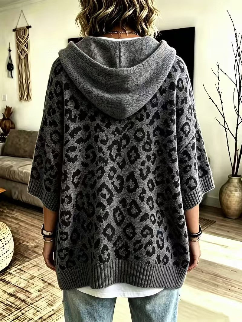 Sudadera de Punto con Capucha y Estampado Leopardo