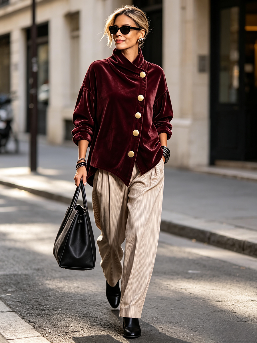 Blusa de Terciopelo Asimétrica con Botones Dorados