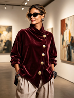 Blusa de Terciopelo Asimétrica con Botones Dorados