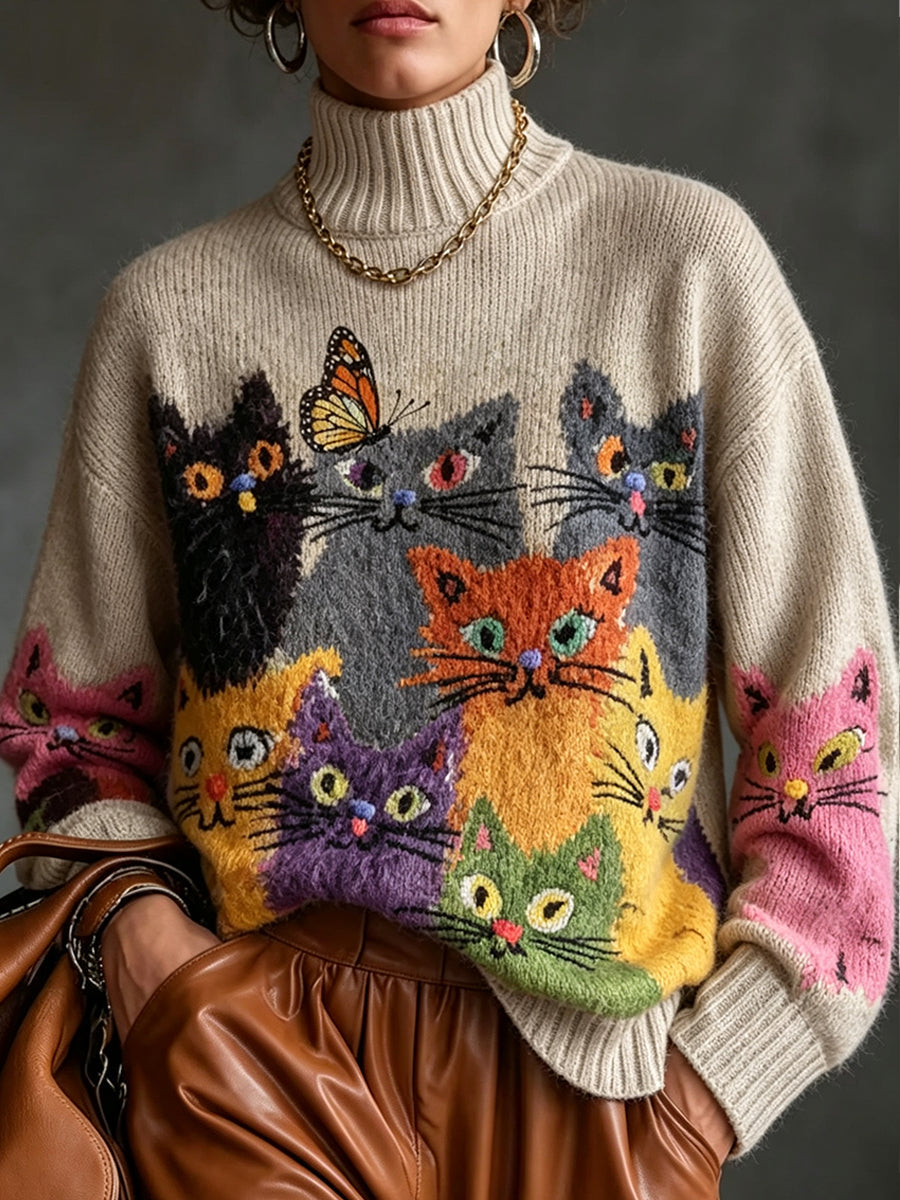 Jersey de Punto Cuello Alto con Estampado de Gatitos