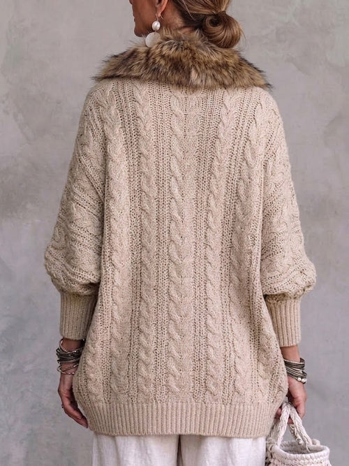 Knit cardigan with faux fur collar and batwing sleeves
