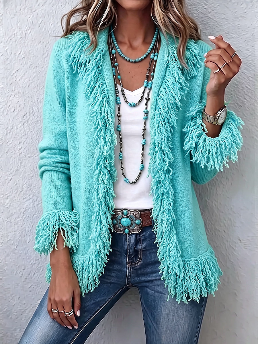 Cárdigan de Punto Verde Lima con Flecos Boho
